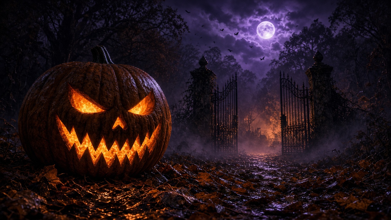 Abóbora flamejante e um portão entreaberto na névoa de Halloween